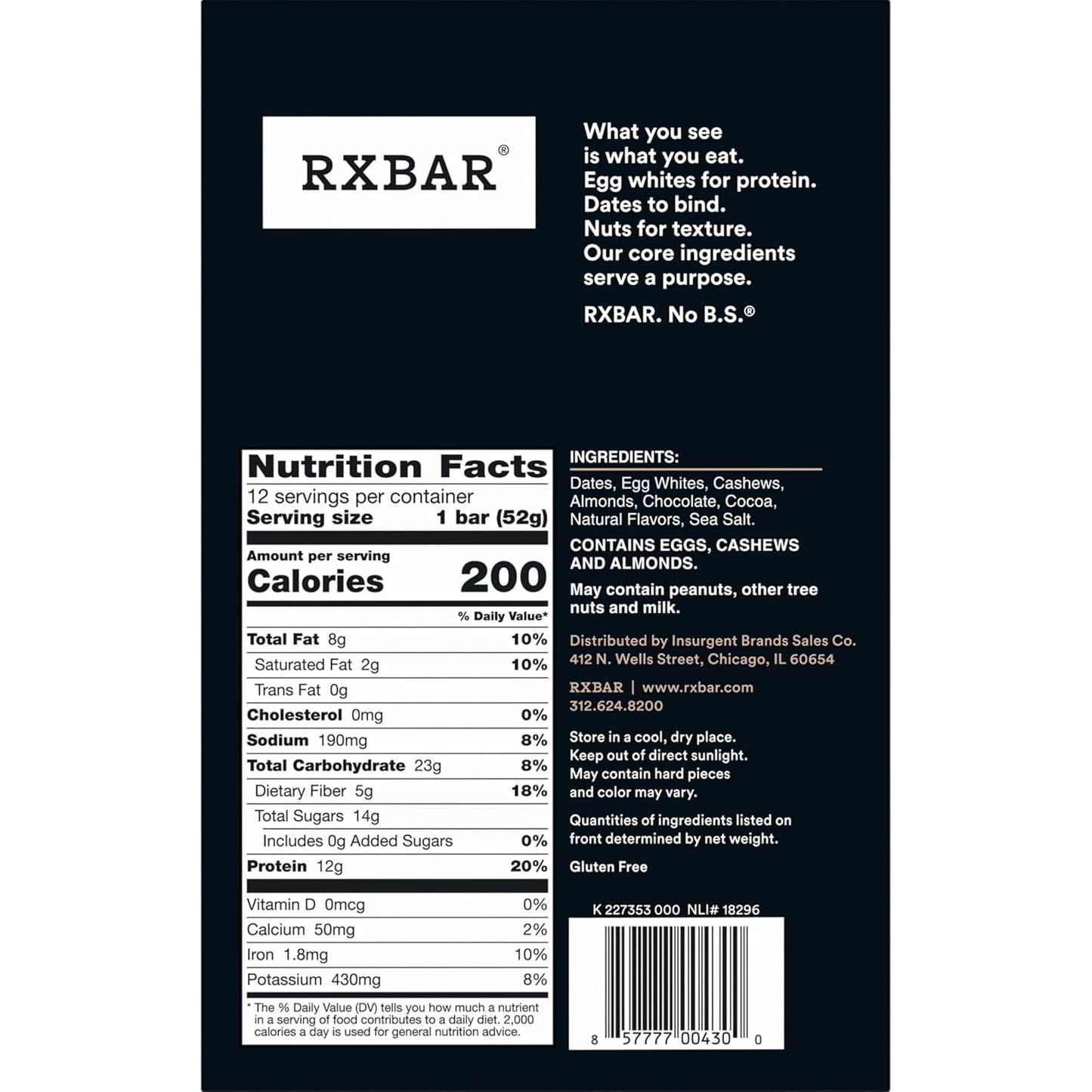 RXBAR Protein Bars, Protein Snack, Snack Bars, Chocolate Sea Salt, 22oz Box (12 Count)