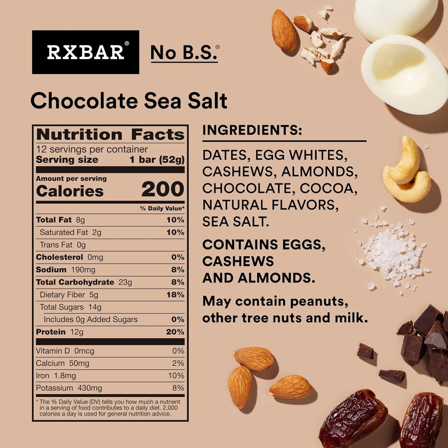 RXBAR Protein Bars, Protein Snack, Snack Bars, Chocolate Sea Salt, 22oz Box (12 Count)